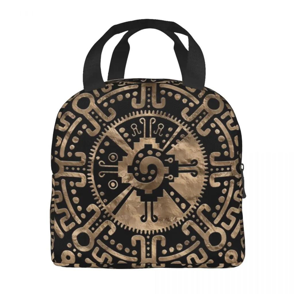 Mayan Aztec Hunab Ku Gold On Black Insulated Lunch Bag for Women Portable Cooler Thermal Lunch Box Beach Camping Travel