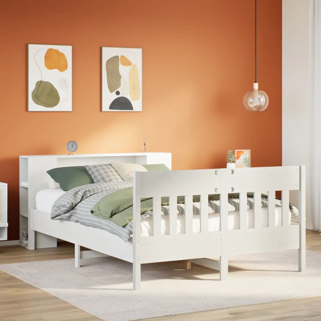 Solid Wood Bed with Shelf Without Mattress White 135x190 cm Pine