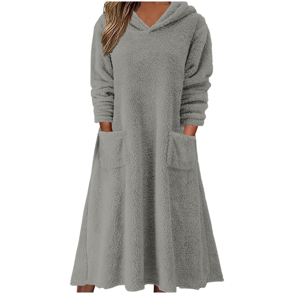Women's Fuzzy Fleece Hoodies Dress, Warm Winter Loose Long Sleeve Casual Soft Dresses with Pockets