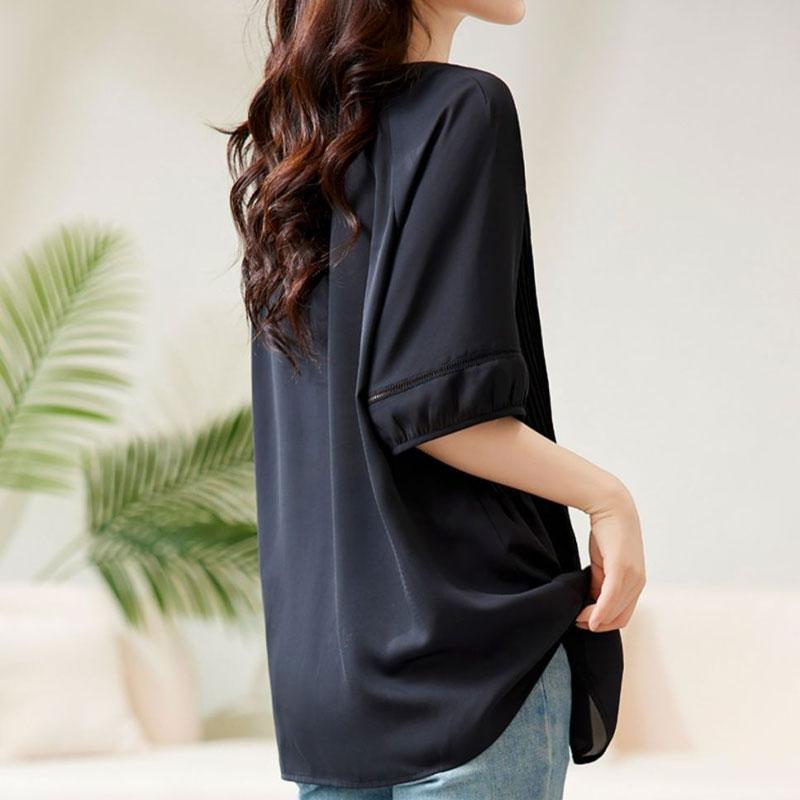 Стильная плиссированная блузка с контрастными вставками, женская одежда, однотонная, повседневная, с коротким рукавом, летняя, с вырезами, элегантная рубашка с V-образным вырезом