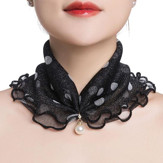 2Pcs Women Faux Silk Scarf Printing Faux Pearl Decor Lace Trim Lightweight Scarf Hand Strap Accessory