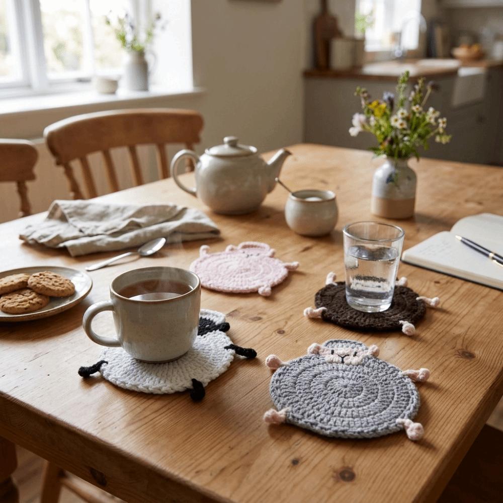 Handmade Crochet Lamb Coasters Cute Heat Insulator Pad Knitted Animal Coaster Kitchen Accessory