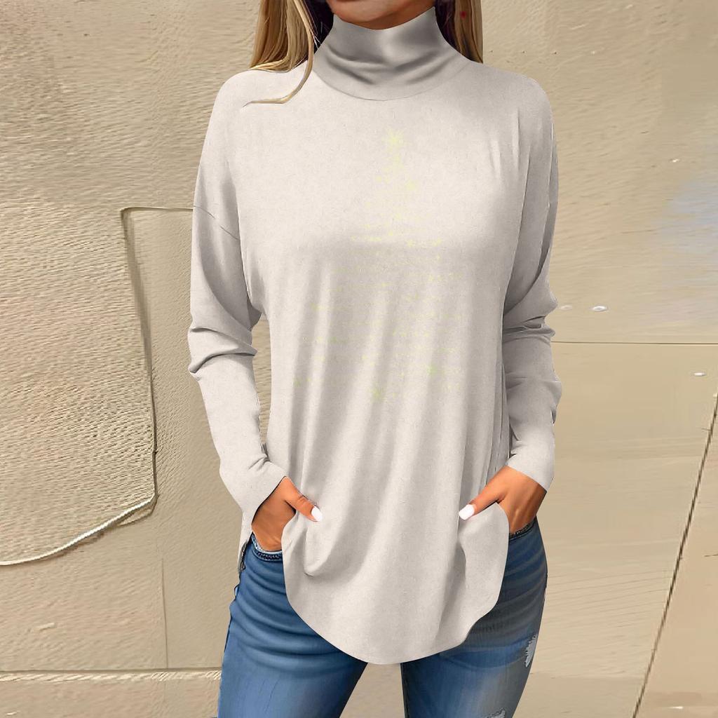 Women's Fashionable Loose-Fit High-Neck T-Shirt With Christmas Print Long-Sleeved Top