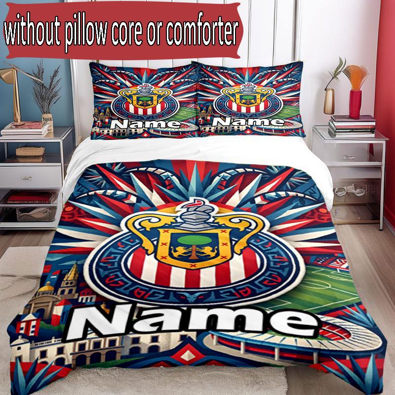 3pcs Duvet Cover Set (1*Duvet Cover + 2*Pillowcase, Without Core), Custom Name Club Deportivo Guadalajara Pattern Bedding Set, Home Bedroom Decor Gift