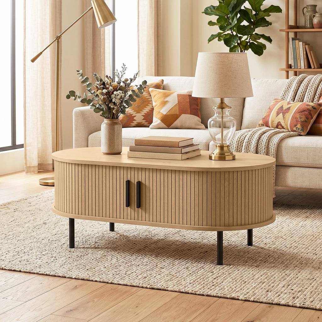 Oval Wooden Coffee Table, Sliding Doors, Hidden Storage, 100 x 55 x 40 cm, Natural Wood