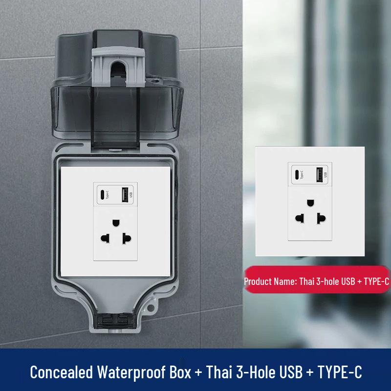 Concealed IP66 Waterproof 16A Outdoor Power Supply with American & Thai Standard 3 & 6 Holes, USB-C Fast Charging, and Waterproof Cover