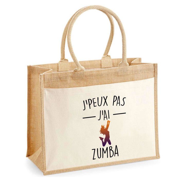 Sac de plage - PLANETEE - jute avec poche Zumba J'peux pas - Coton imprimé en France - 43x33 cm - Anses solides