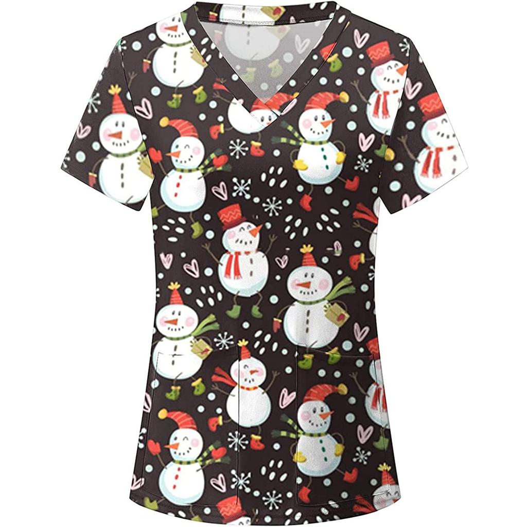 Женские топы с короткими рукавами и v-образным вырезом с рождественским принтом, рабочая форма, карманная блузка