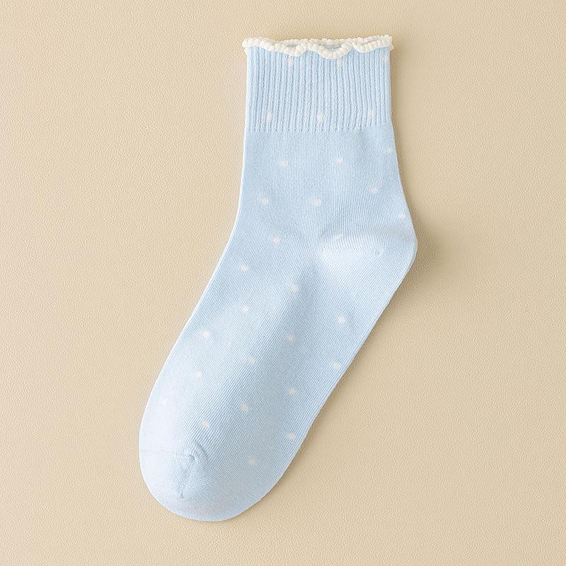 Черные носки с кружевом из древесного гриба для женщин, стиль весна и осень, махровые носки, хлопковые носки, летние носки в горошек с отворотом, бесшовные носки до середины икры