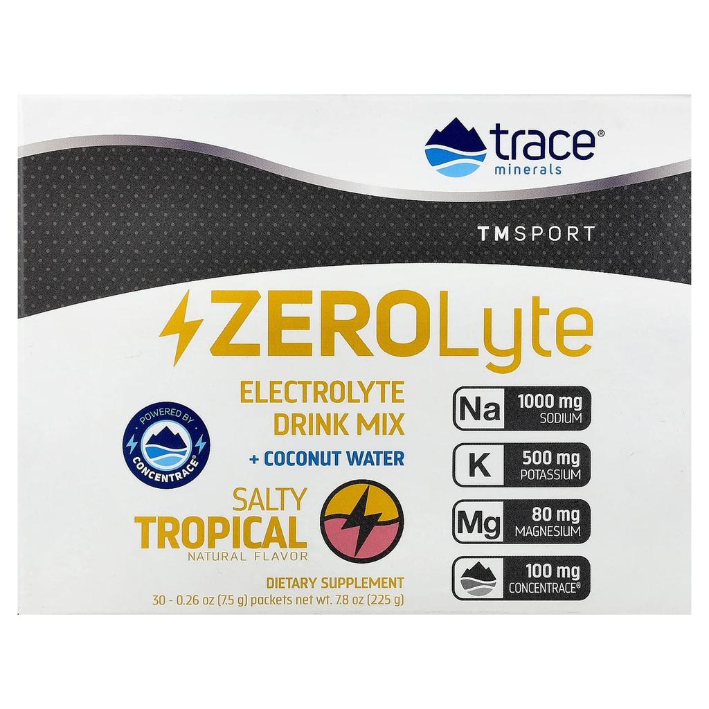 Tm Sport, Zerolyte Electrolyte Drink Mix + Coconut Water, Salty Tropical, 30 Packets, 7.5G (0.26Oz) Each