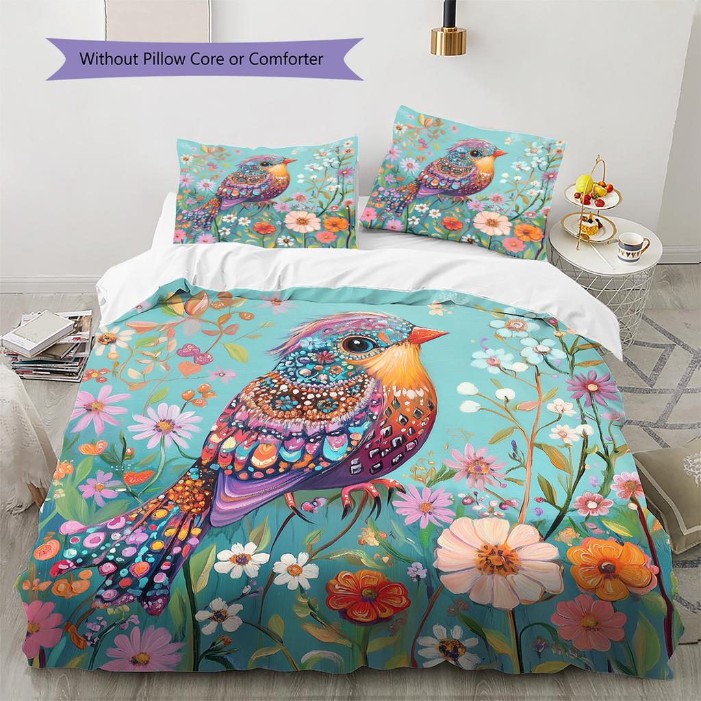 Colorful Flower Bird Pattern Bedding Quilt Set Home Decoration Gift (1 * duvet cover + 2 * pillowcase without core)