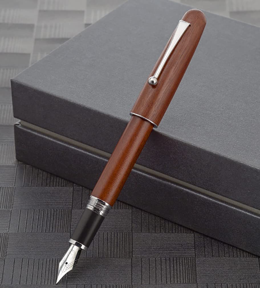 Gullor Natural Wood Fountain Pen with Medium Ink Screw and Silver Clip Nib, Converter, Cap,