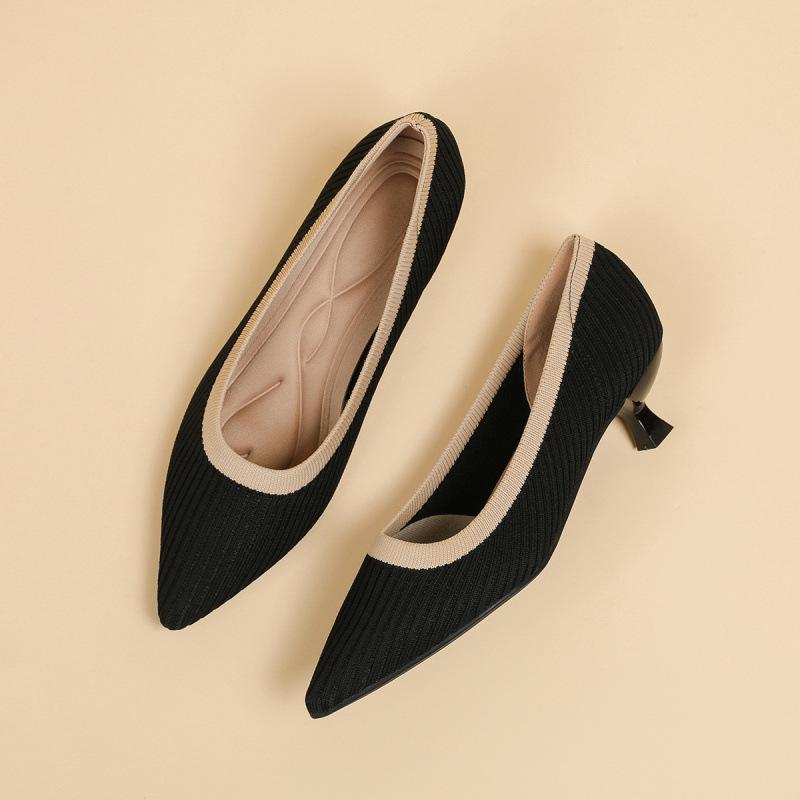 Новые универсальные туфли-лодочки на тонком каблуке из вязаного материала, не вызывающие духоты