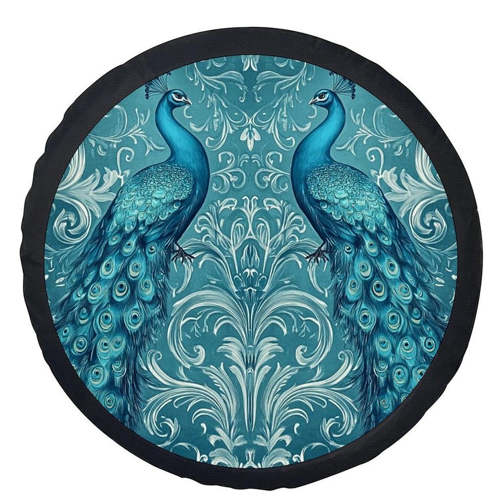 Blue Peacock Damask Pattern Tire Cover Stylish Polyester Wheel Protector Universal Fit