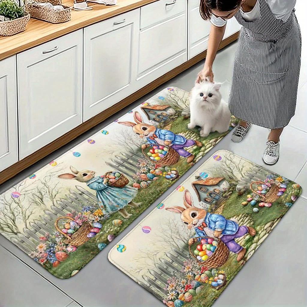 1Pcs Anti Fatigue Kitchen Rugs,Easter Garden Print Waterproof Non-Slip Thick Cushioned Kitchen Mat Heavy Duty Comfort Standing Mat for Kitchen