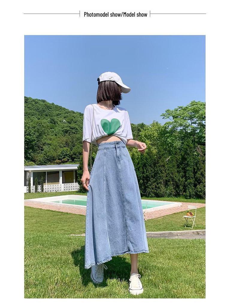 2025 Women's High Waist Slimming Midi Denim A-Line Skirt for Spring/Summer