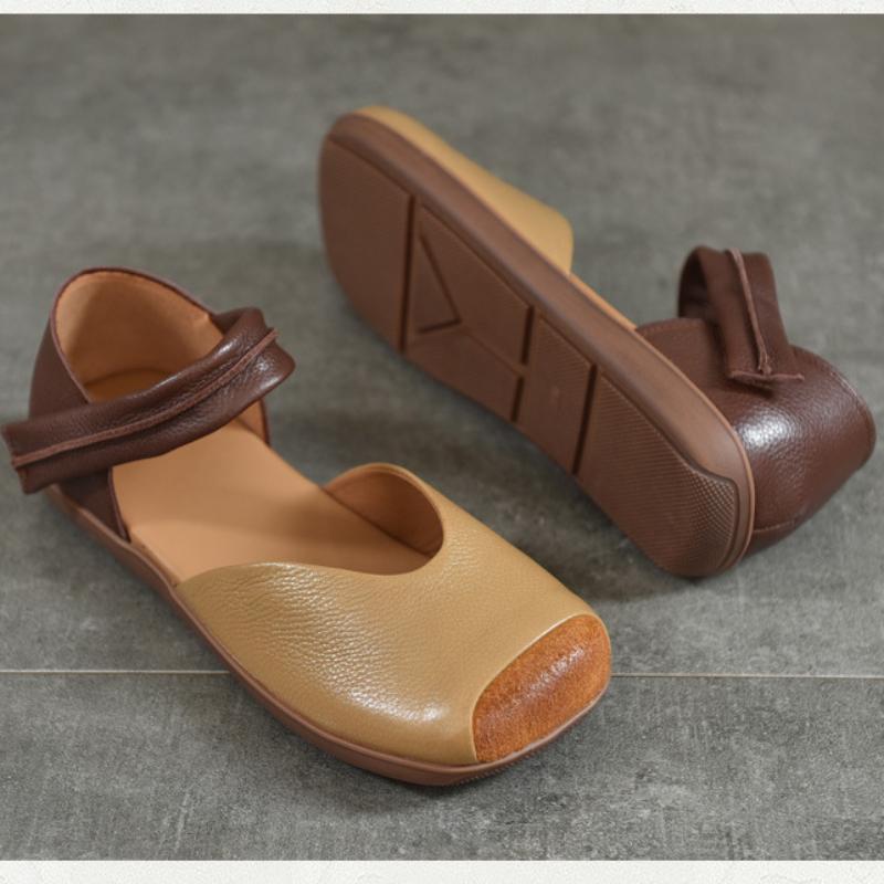 Johnature Mixed Colors Genuine Leather Sandals Retro Square Toe Soft Sole Versatile Women's Flat Shoes