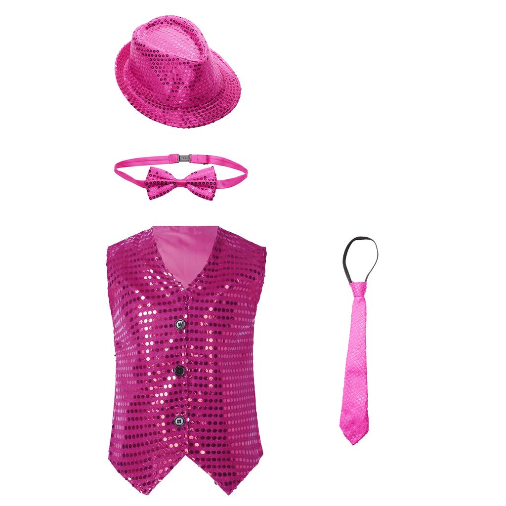 Boys Glittery Dance Vest Sleeveless V Neck Sequin Buttons Vest Set with Hat Bowtie for Jazz Stage Performances
