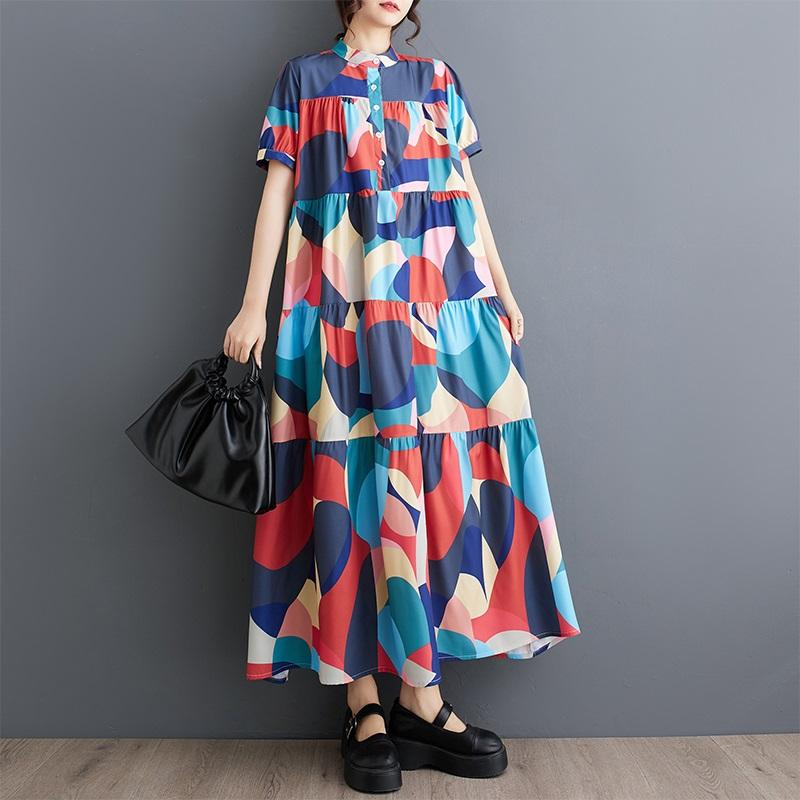 Новое винтажное платье с цветочным принтом больших размеров с коротким рукавом для женщин, повседневное свободное длинное летнее платье