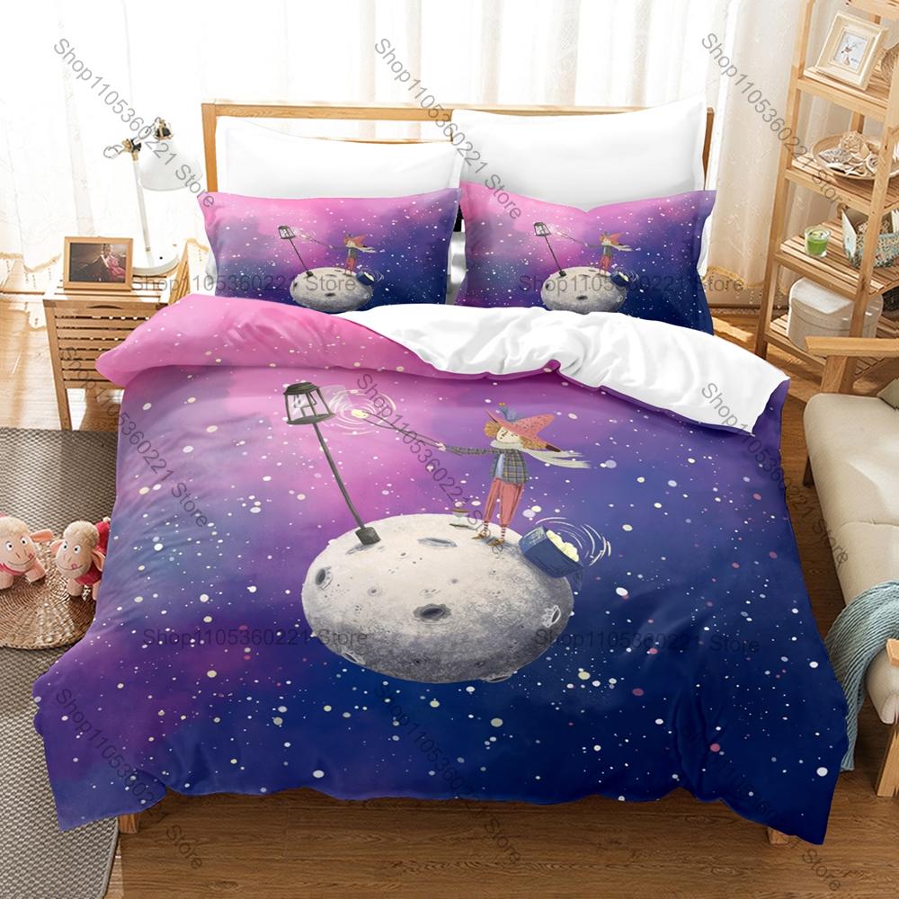 Cool Vintage Rose Fox Planet Pattern 3 In 1 Bedding Set Quilt Cover With Two Pillowcases Sweet Bedroom Home Gift Little Prince A