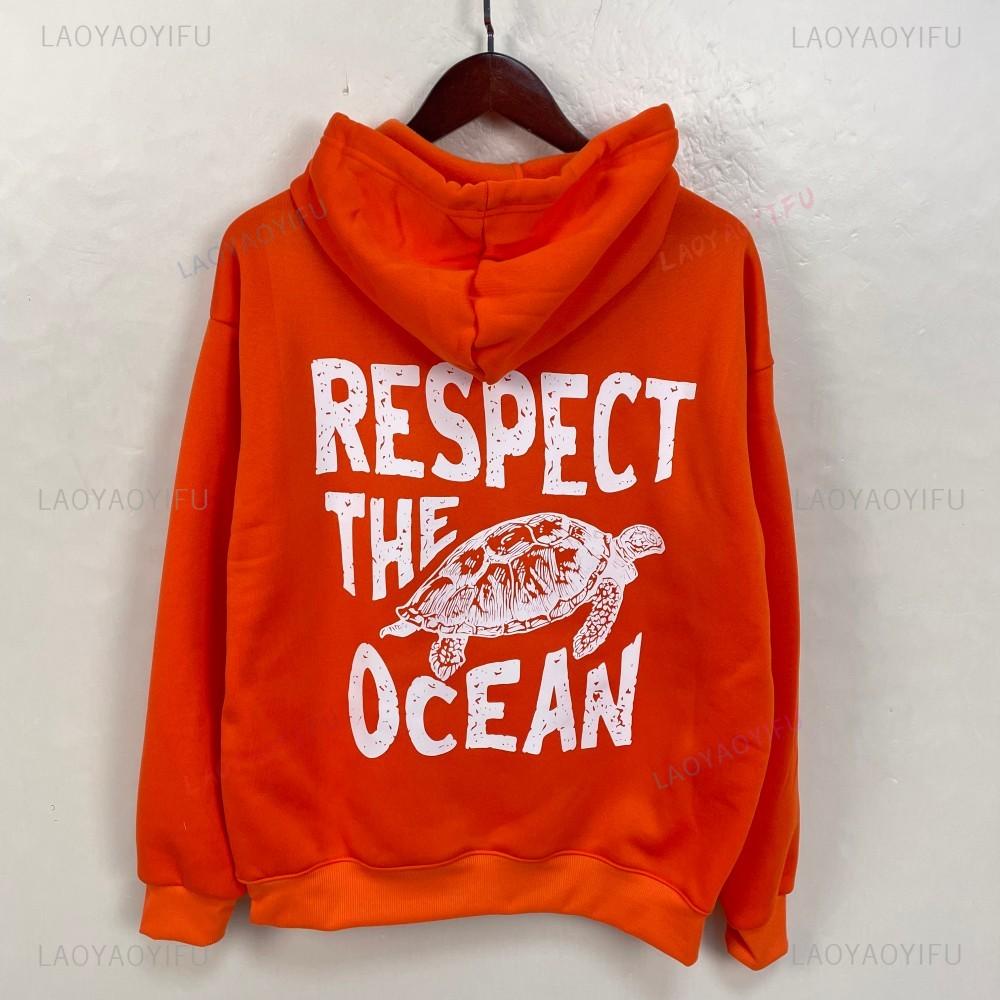 Respect The Ocean Hoodie - Ocean Surf Hoodie Carolina Blue Hoodie Words on Back Turtle Sweatshirt for Outdoor Enthusiasts