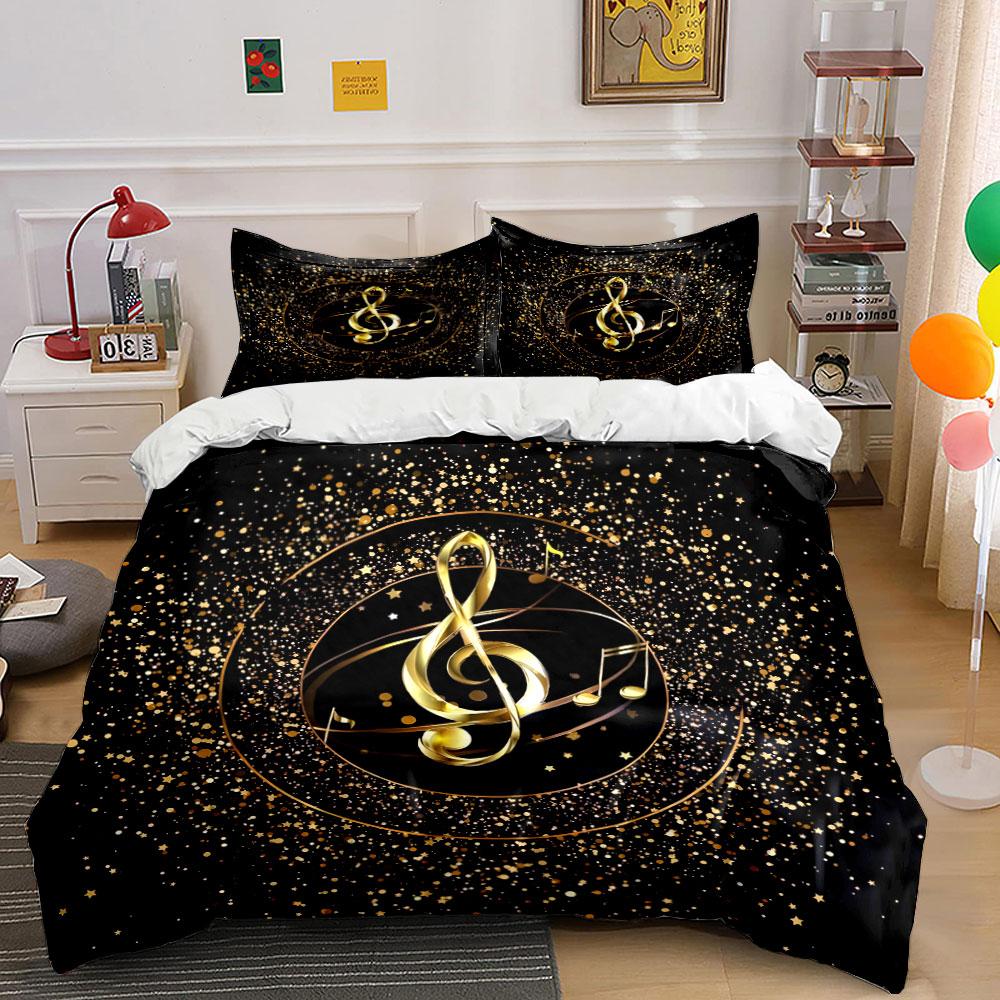 3Pcs Golden Treble Clef Glitter Star Duvet Cover Set, Black Music Note Bedding Includes 1 Duvet Cover And 2 Pillowcase, Gift