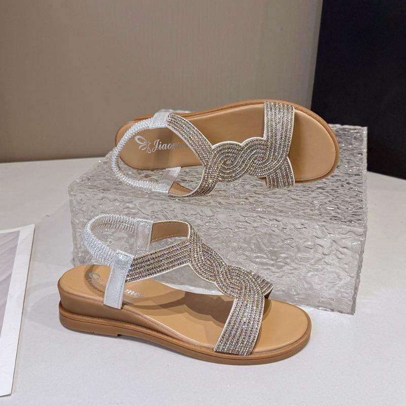 Модные сандалии на мягкой подошве с противоскользящим каблуком, женские модные сандалии с круглым носком, открытым носком, стразами, шлепанцы на плоской подошве