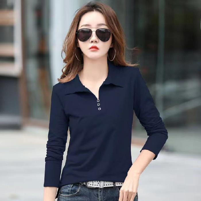 Однотонная большого размера с длинным рукавом, воротник ПОЛО, облегающая, простая верхняя одежда, футболка, женская базовая рубашка, весна и лето