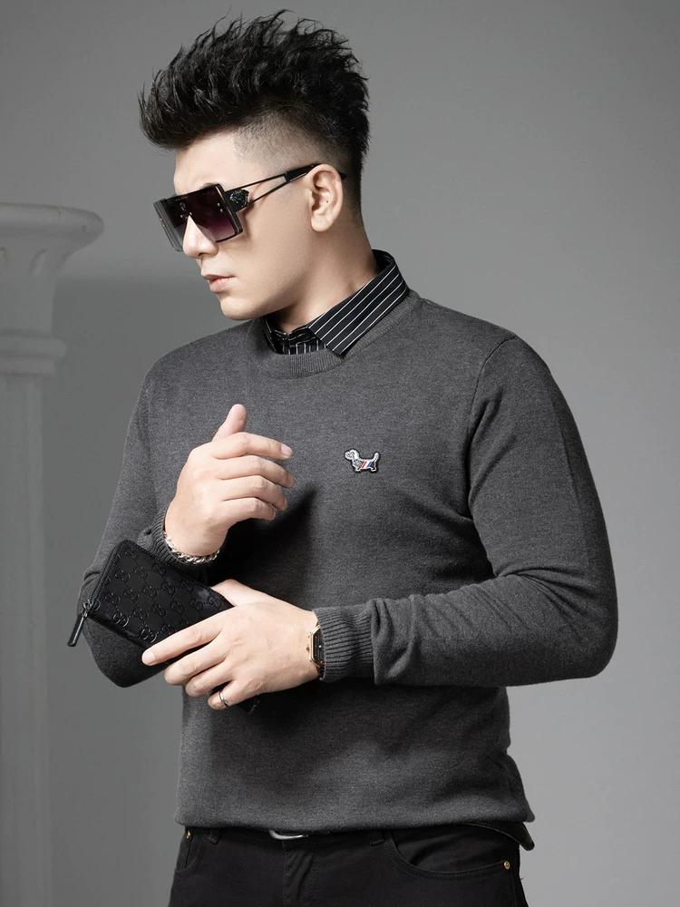 European Style 2025 New Fake Two-Piece Sweater for Men, Autumn and Winter Trendy Brand Badge Shirt Collar Knitwear Men's Sweater