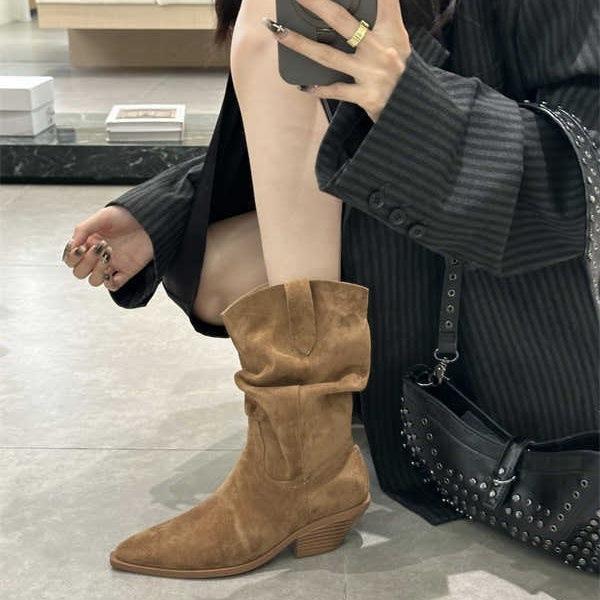 Autumn And Winter Suede Pointed Heel Coarse Heel Short Boots Medium Boots High Heel Pile Boots Western Cowboy Boots
