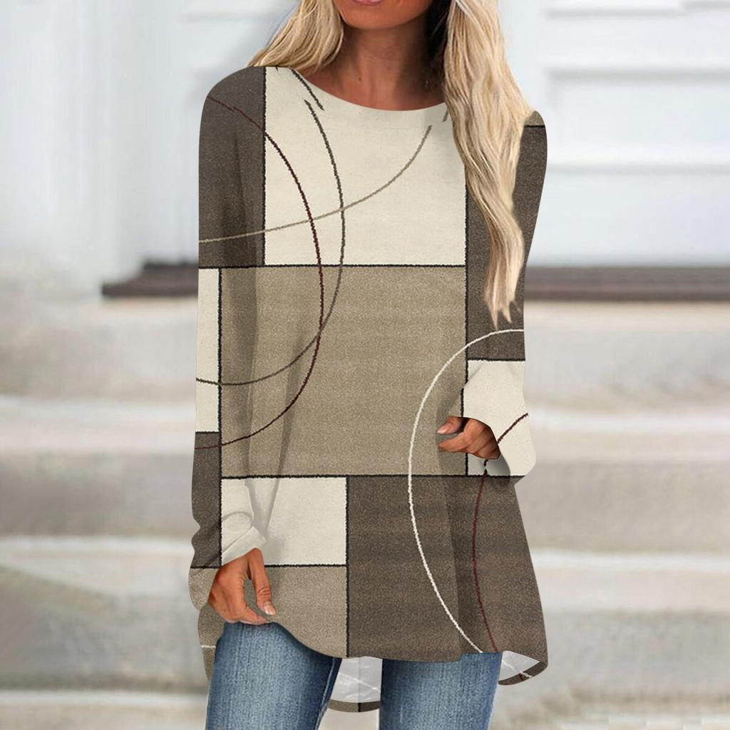 Women's Fashion Casual T-shirt Printing Long Sleeve Round-neck Medium Long Top