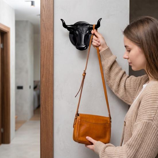 Unique Gift for Men Bull Head Hat Rack, Lightweight Wall-Mount Key Holder, Decorative Coat Heavy Duty PLA Wall Mount Hook, Retro Animal Hanger