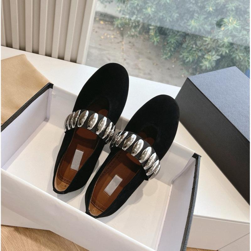 Spring Metal Buckle Elastic Band Ballet Shoes Women's Retro Leather Flat Bottom One Pedal Mary Jane Single Shoes
