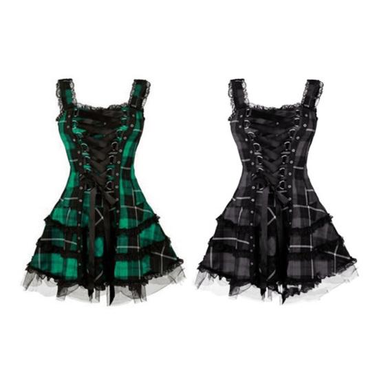 Steampunk Mini Medieval Dress for Women Plaid Renaissance Corset Lace Trim