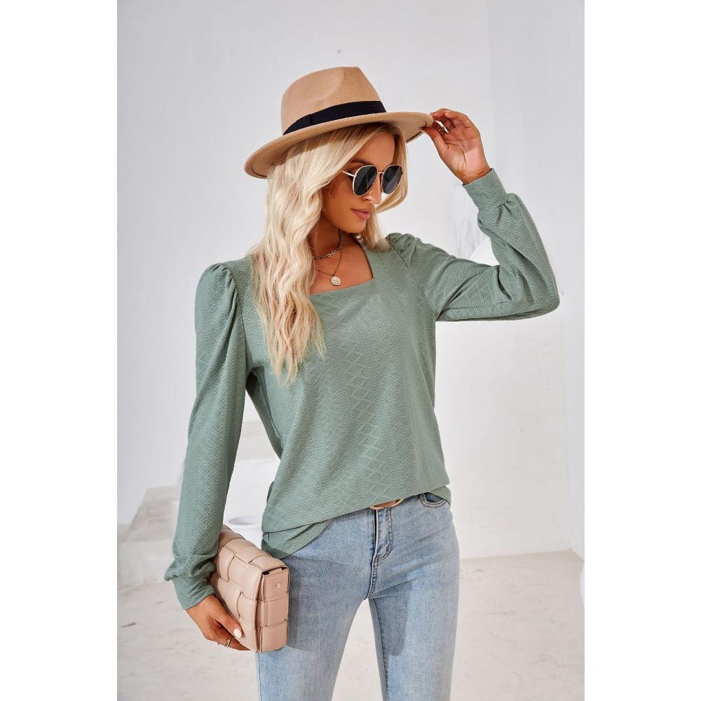 Весенне-осенняя женская блузка с квадратным вырезом, однотонный плиссированный свободный топ с длинными рукавами