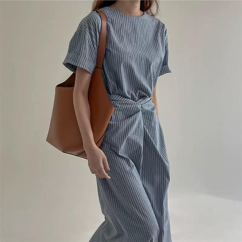 Johnature Корейские ленивые ретро полосатые платья со шнуровкой на талии летние женские свободные повседневные платья с коротким рукавом и круглым вырезом
