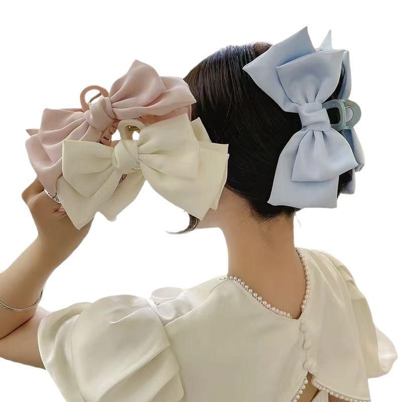 Satin Large Bow Hair Claw Clips Fadeless Fabric Strong Hold Non Slip 3Pcs for Girls Daily Play Date Gift