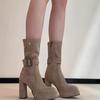 2025 новые осенние ботильоны на толстом каблуке женские тонкие ботинки эластичные ретро на маленьком каблуке замшевая модель с толстой черной подошвой