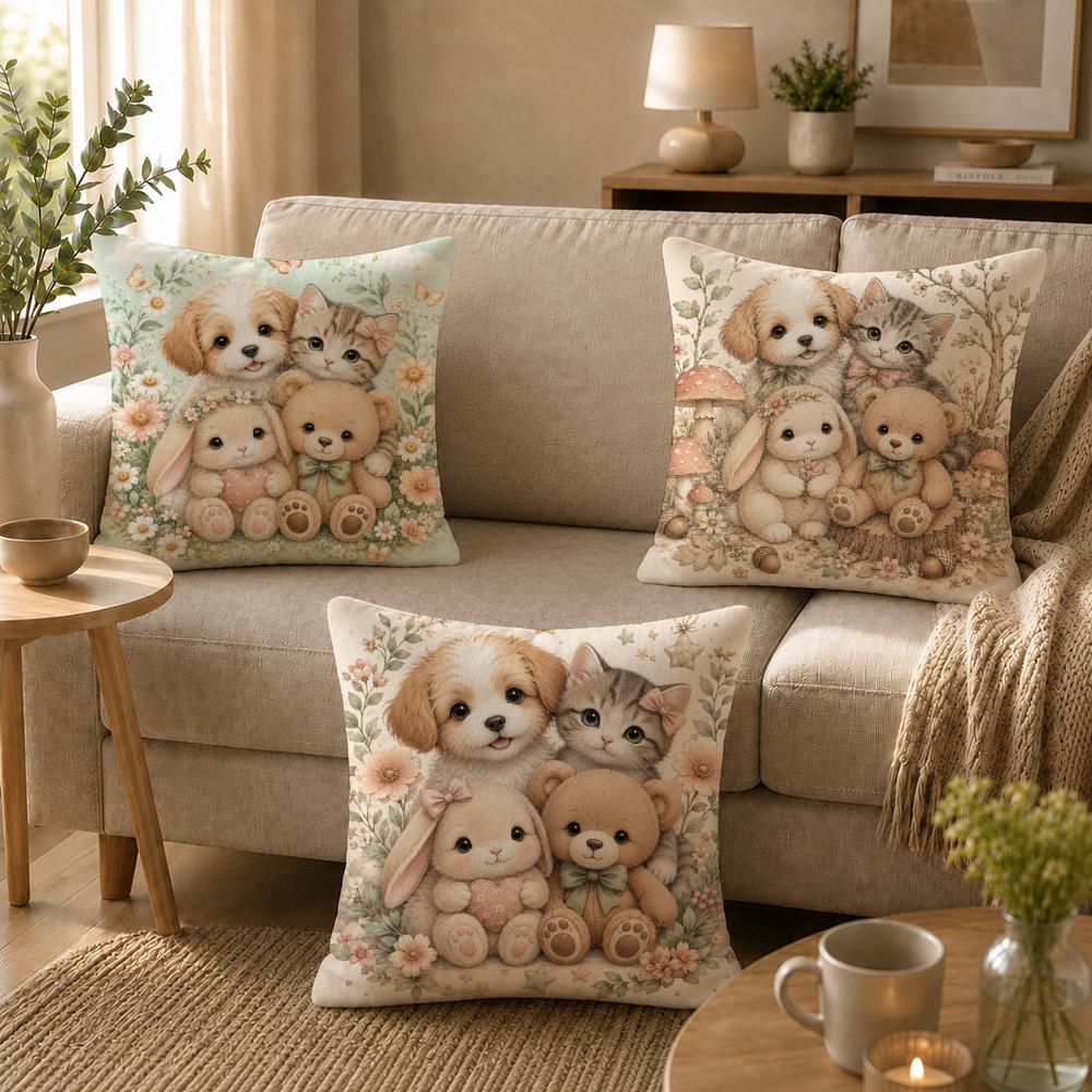 art cozy cute animal friends Cushion Cover Soft Short Plush SkinFriendly Cushion Case for MultiScene Use