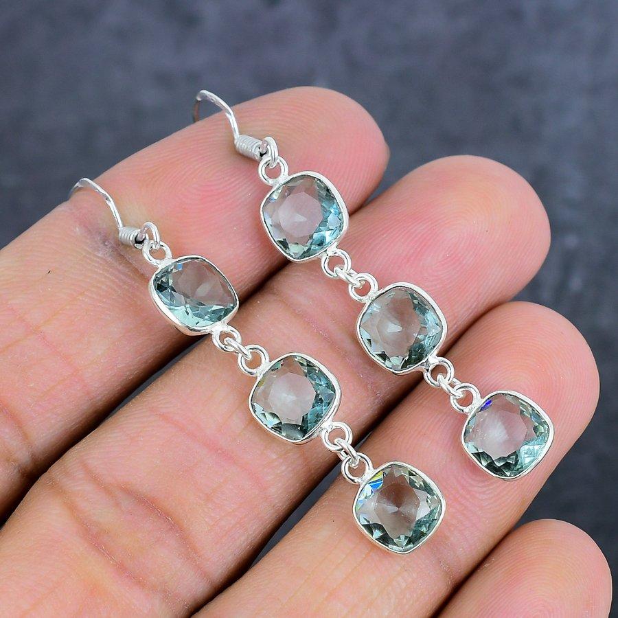 Green Amethyst Gemstone Handmade 925 Sterling Silver Jewelry Earring 2.21" H9l97