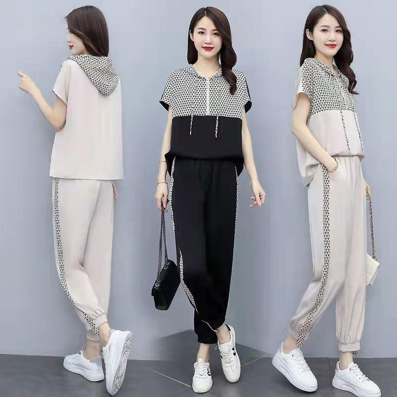 Женский весенне-летний прохладный и дышащий костюм с капюшоном и полумолнией, офисный повседневный костюм, топ с рукавами из 5 предметов + брюки из 7 предметов, комплект из 2 предметов