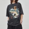 Japanese Distressed Style Cartoon Shark Print Women T-Shirt Washed Denim Oversized Unisex Half-Sleeved Otaku Cute Top