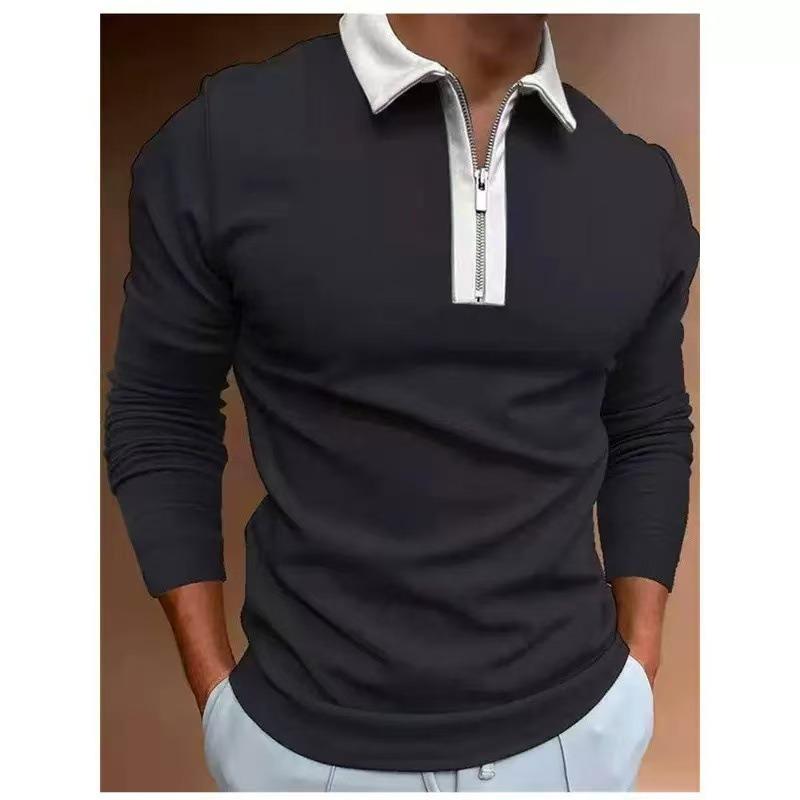 Men S Long Sleeve Polo Shirt Zipper Collar Patchwork Autumn Casual