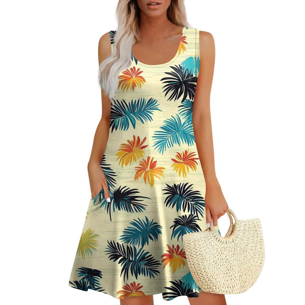Women's Summer Casual Square Neck Floral Print Sleeveless Dress With Pockets