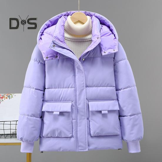 Зимнее пуховое пальто с капюшоном, воротником-стойкой, карманами, застегивающейся на молнию, ветрозащитная, сохраняющая тепло куртка для повседневной холодной погоды из хлопка