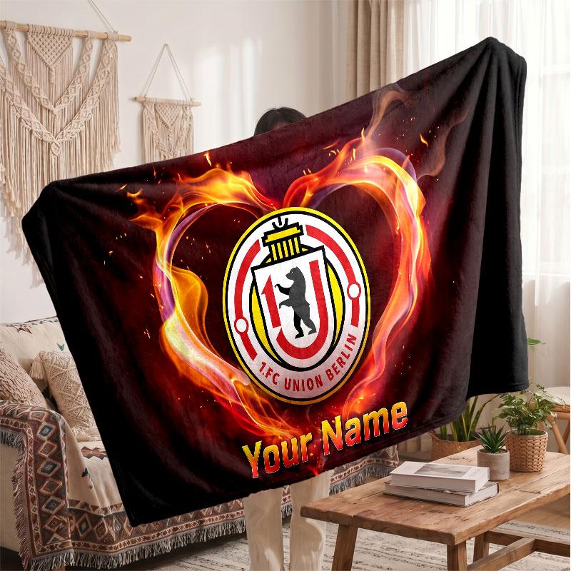 Union Berlin Personalized Fleece Blanket With Football Logo, Custom Name Text Soft Warm Home Throw Blanket