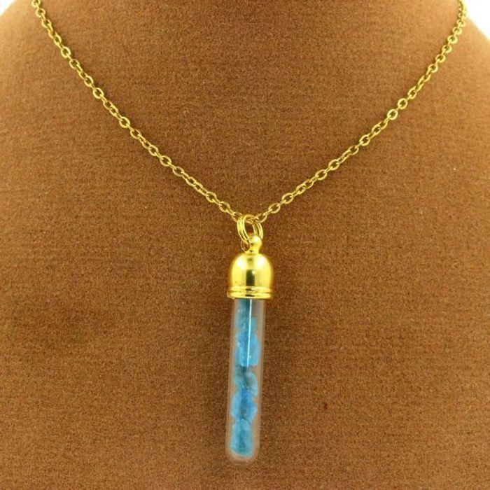 Stones and Minerals. Raw Neon Blue Apatite Necklace. Tube Model. Gold Color.