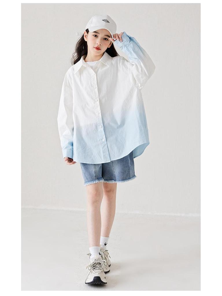 Girls' Trendy Gradient Long-Sleeve Cotton Shirt - Spring/Summer 2025, Medium/Large, Lapel Cardigan, Parent-Child Matching.
