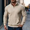 Casual Solid Waffle Half Zip Pocket Long Sleeve Stand Collar Sweatshirt