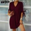 Summer Spring Skirt Women's V-neck Short Sleeve Solid Color Loose Dress